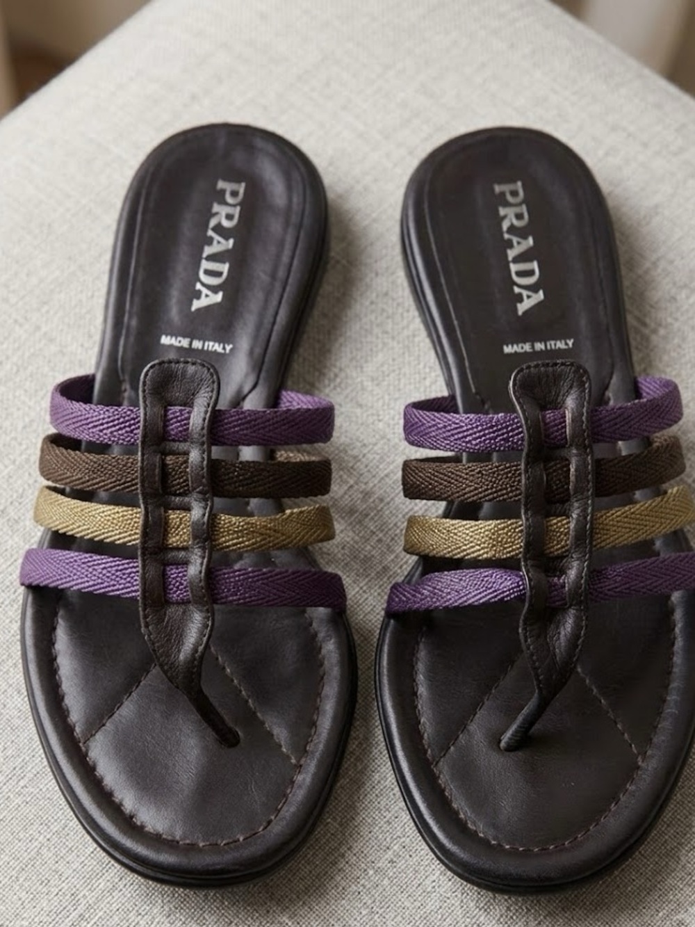 Vintage Prada Black Leather Multistrap Slide Sandals Purple and Gold Rope Straps